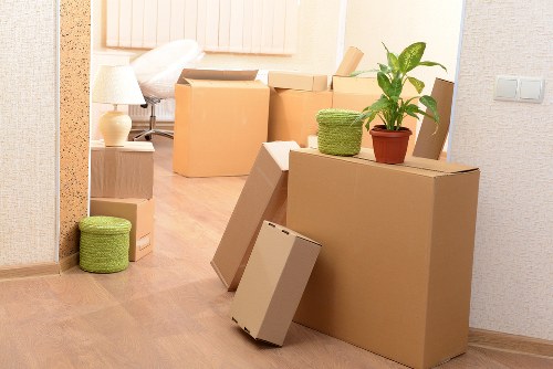 Packed office equipment ready for transport in Sutton